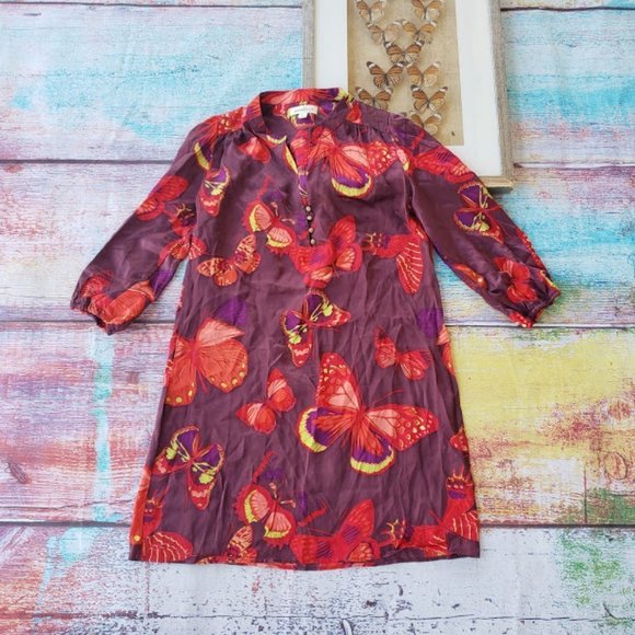 Amour Vert Red Dalila Silk Butterfly Print Tunic Shift Mini Dress M - Picture 3 of 11